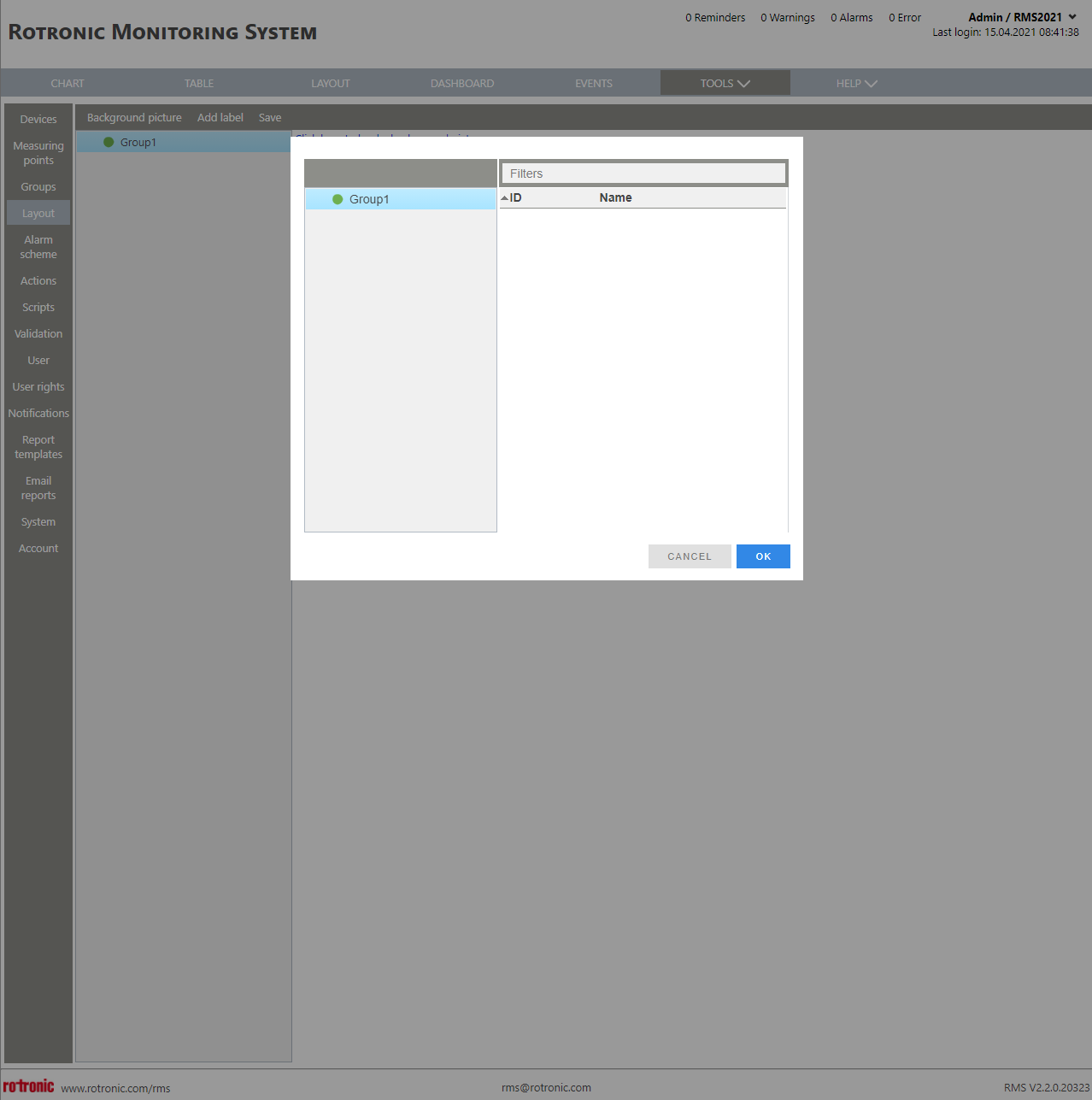 Layout Setup New+Add Label+Measured Value Label_RMS Gateway