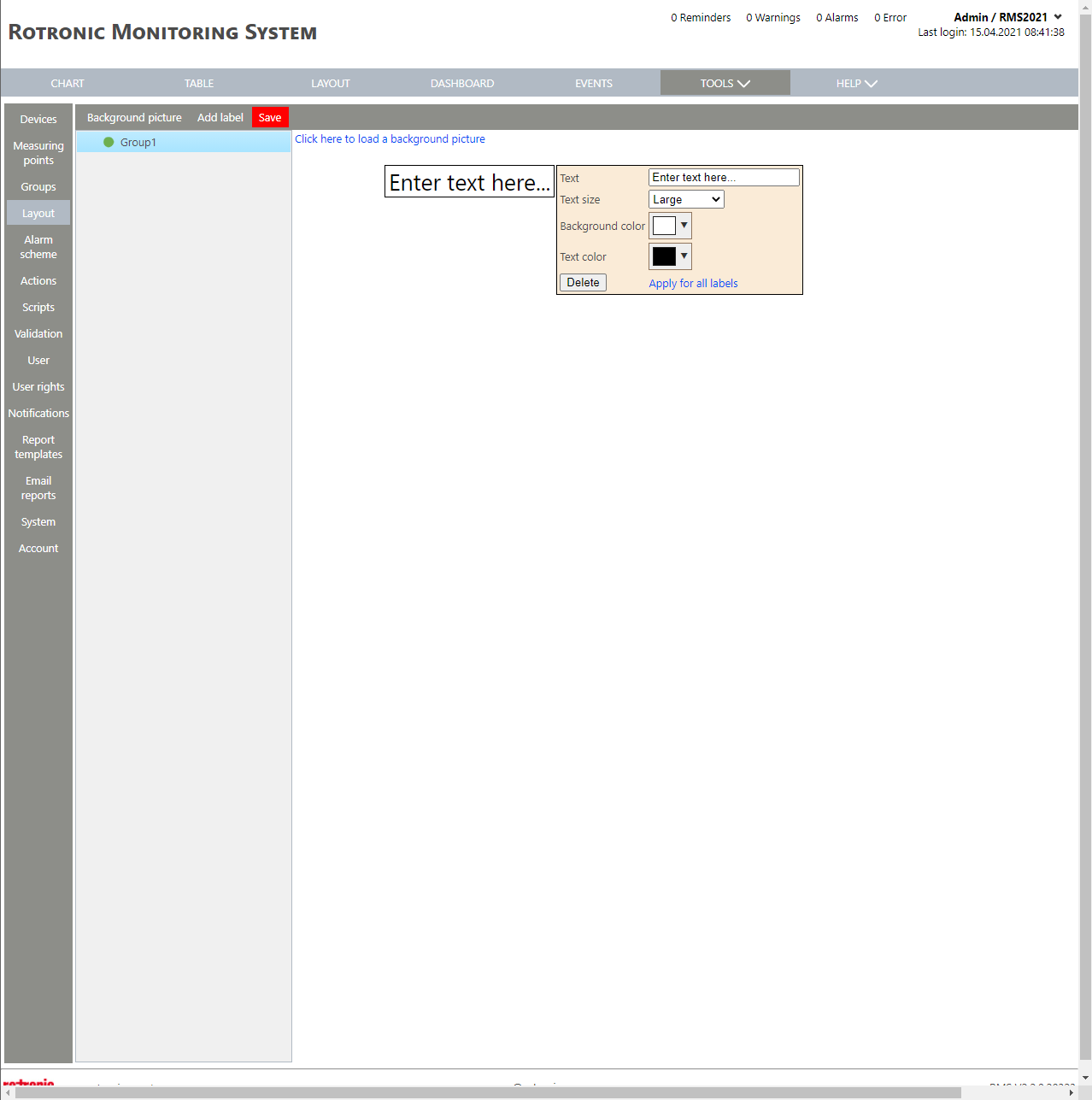 Layout Setup New+Add Label+Text Label