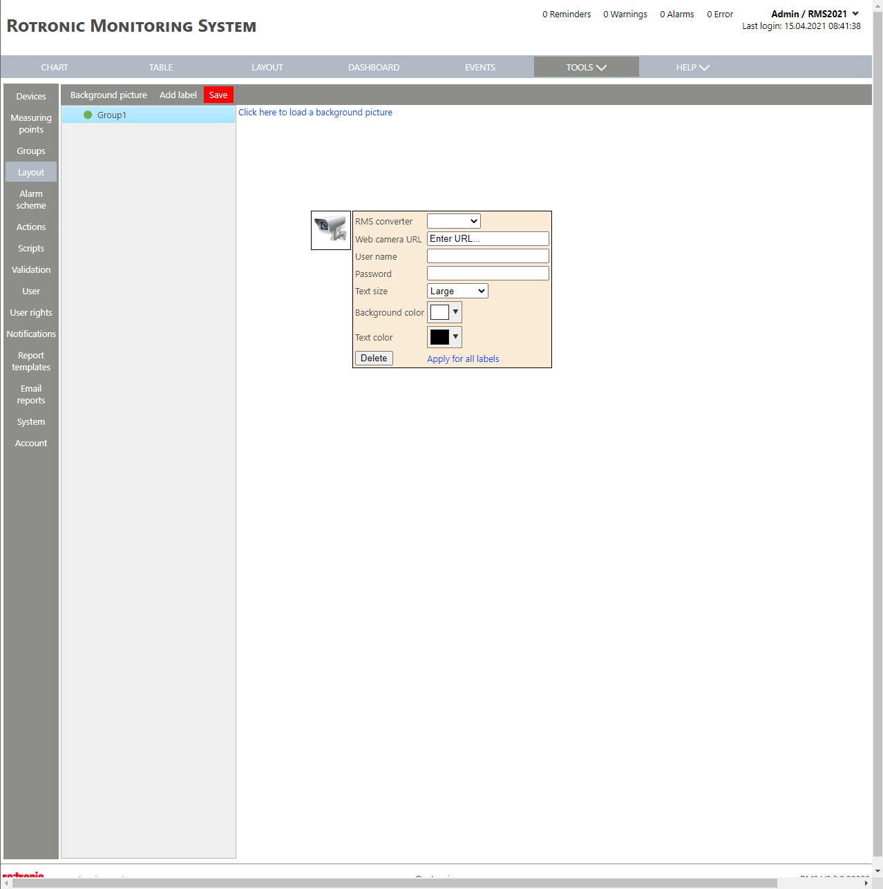 Layout Setup New+Add Label+Web Camera