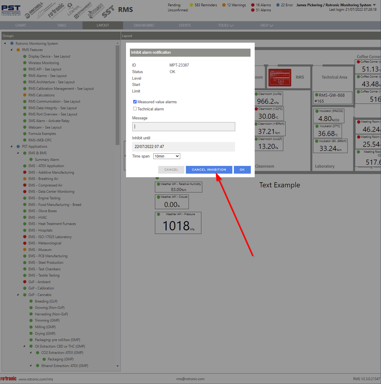 inhibit alarm notifications via layout view 4